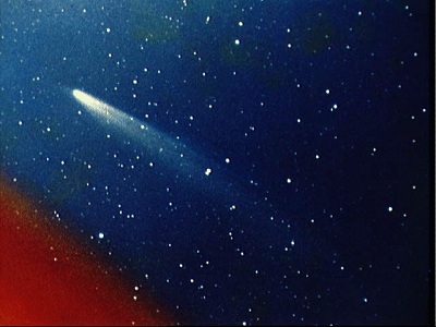 Comets are <a href="/comets/comet_nucleus.html&edu=elem&dev=1">lumps</a> of ice
and dust that periodically come into the center of the solar system from
its <a href="/comets/Oort_cloud.html&edu=elem&dev=1">outer
reaches</a>.
Some comets make <a href="/comets/perihelion_pass.html&edu=elem&dev=1">repeated
trips</a> to the inner
solar system. When comets get close enough to the Sun, heat
makes them start to <a href="/comets/sublimation.html&edu=elem&dev=1">evaporate</a>.
Jets of gas and dust form long
<a href="/comets/tail.html&edu=elem&dev=1">tails</a> that we can see from
Earth. 
This photograph shows <a href="/comets/comets_table.html&edu=elem&dev=1">Comet
Kohoutek</a>,
which visited the inner solar system in 1973.  It has an
<a href="/physical_science/physics/mechanics/orbit/orbit_shape_interactive.html&edu=elem&dev=1">orbit</a> of
about 75,000 years!<p><small><em>Image courtesy of NASA</em></small></p>