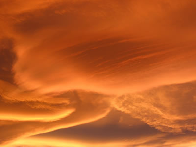 <a
  href="/earth/Atmosphere/clouds/lenticular.html&edu=high&dev=1/windows.html">Lenticular
  clouds</a> form on the downwind side of mountains. <a
  href="/earth/Atmosphere/wind.html&edu=high&dev=1/windows.html">Wind</a>
  blows most types of clouds across the sky, but lenticular clouds seem to stay
  in one place. Air moves up and over a mountain, and at the point where the
  air goes past the mountaintop the lenticular cloud forms, and then the air <a
  href="/earth/Water/evaporation.html&edu=high&dev=1/windows.html">evaporates</a>
  on the side farther away from the mountains. This close up of lenticular
  clouds was taken at sunset on November 20, 2006 in Boulder, Colorado.<p><small><em>       Courtesy of Roberta Johnson</em></small></p>