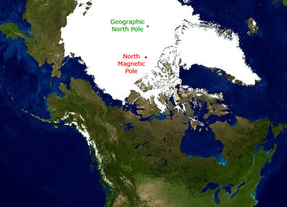 Did you know that the Earth's <a
  href="/earth/polar/polar_geog.html&dev=1">geographic
  North pole</a> is not in the same place as the Earth's <a
  href="/earth/Magnetosphere/earth_north_magnetic_pole.html&dev=1">North
  magnetic pole</a>? They are actually several hundred kilometers apart,
  making navigation with a compass impossible near the poles. This picture
  illustrates where they were in 2005. Right at the geographic poles, the <a
  href="/sun/sun.html&dev=1">Sun</a> shines for half
  the year and it is dark for the other half of the year. This makes a year
  like one long day.<p><small><em>Image courtesy of Windows to the Universe</em></small></p>