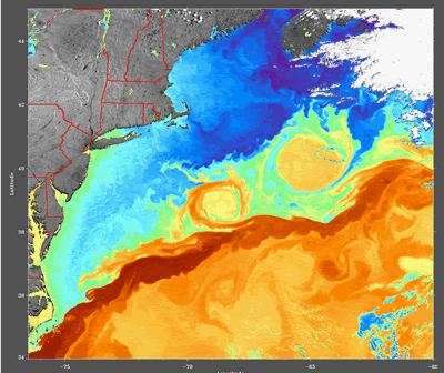 Two large warm water eddies are swirling to the north of the <a href="/earth/Water/gulf_stream.html&edu=high">Gulf Stream current</a> in this satellite image recorded with the AVHRR sensor (Advanced Very High Resolution Radiometer) aboard a NOAA satellite on June 11, 1997. Blue colors indicate cooler water, while yellow and orange colors indicate warmer water.<p><small><em>Courtesy of the Ocean Remote Sensing Group, Johns Hopkins University Applied Physics Laboratory</em></small></p>