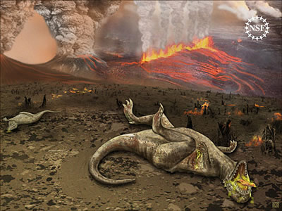 Por qu los dinosaurios se <a href="/earth/past/KTextinction.html&lang=sp&dev=">extinguieron</a>? Nadie sabe con seguridad, y los cientficos tienen una serie de teoras para explicar porque los dinosaurios murieron sbitamente hace cerca de <a href="/earth/past/geologic_time.html&lang=sp&dev=">65 millones de aos</a>. No slo los dinosaurios se extinguieron, aproximadamente dos terceras partes de las especies animales en la Tierra tambin desaparecieron!<p><small><em>Imagen cortesa de la Fundacin Nacional de Ciencia.</em></small></p>