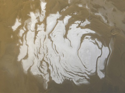 This is a picture of the ice cap at the <a href="/mars/places/mars_south_polar_region.html&edu=elem&dev=1">South Pole on Mars</a>. This picture was shot from Mars orbit in 2000 by a spacecraft called <a href="/mars/exploring/MSG_overview.html&edu=elem&dev=1">Mars Global Surveyor</a>. The white regions are ice. Most of the ice is water ice, but there is also a thinner layer of dry ice (frozen carbon dioxide) on top of the water ice. The ice cap is about 420 km (260 miles) across.<p><small><em>Image courtesy of NASA/JPL/Malin Space Science Systems.</em></small></p>