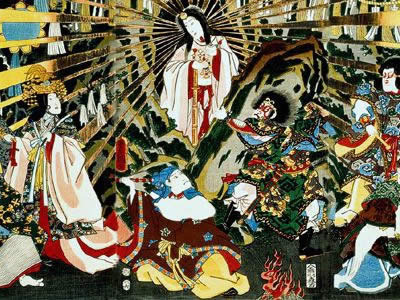<a href="/mythology/amaterasu_sun.html&edu=elem">Amaterasu</a> is the Shinto sun goddess.  Amaterasu was born from the left eye of the primeval being Izanagi. When her brother Susanowo treated her badly, she hid in the cave of heaven, closing the entrance with an enormous stone.This image shows her coming out of the cave, with the stone moved aside.<p><small><em>Public domain image/Wikipedia Commons</em></small></p>