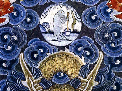 In ancient times, Chinese people believed that there were twelve Moons as there were twelve months in one year. It was believed that the Moons were made of water. The name "mother of moons" is associated with that of <a href="/mythology/moon_china.html&edu=high">Heng-o</a>.  This image shows the detail of an eighteen-century embroidered emperor's robe including a white hare, which was believed to have lived in the moon.<p><small><em>Image courtesy of the Victoria and Albert Museum, London.</em></small></p>