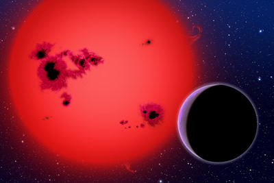 Los astrnomos han descubierto un <a href="/our_solar_system/dwarf_planets/planet_definition.html&lang=sp&dev=1">planeta</a> a unos 40 aos luz de la <a href="/earth/earth.html&lang=sp&dev=1">Tierra</a> que contiene <a href="/earth/Water/overview.html&lang=sp&dev=1">agua</a>. Describen este planeta como una "super-Tierra porque tiene entre una y diez veces la masa de la Tierra. Aunque es muy caliente para soportar <a href="/earth/Life/life.html&lang=sp&dev=1">vida</a>, es mucho menor, frio, y ms parecido a la Tierra que cualquier otro planerta descubierto ms alla de nuestro <a href="/our_solar_system/solar_system.html&lang=sp&dev=1">sistema solar</a>. Ms informacin <a href="/headline_universe/olpa/WaterPlanet_16Dec09.html&lang=sp&dev=1" class=outlink>aqu</a>.<p><small><em>Imagen cortesa de David Aguilar, Harvard-Smithsonian CfA</em></small></p>