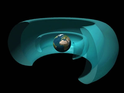 This is an artist's conception of the
  Earth and the inner and outer <a
  href="/glossary/radiation_belts.html&edu=elem">radiation belts</a> that surround it. The Earth's radiation belts are just one part of
  the system called the <a
  href="/earth/Magnetosphere/overview.html&edu=elem">magnetosphere</a>. The radiation belts of the Earth are made up of <a
  href="/physical_science/physics/atom_particle/electron.html&edu=elem">electrons</a>,
<a
  href="/physical_science/physics/atom_particle/proton.html&edu=elem">protons</a>
  and heavier atomic ions. These particles get trapped in the <a
  href="/earth/Magnetosphere/earth_magnetic_field.html&edu=elem">magnetic field of the Earth</a>. 
These belts were <a
  href="/earth/Magnetosphere/radiation_belts_discovery.html&edu=elem">discovered</a> by James Van Allen in 1958, and so they are known as Van Allen
  Belts.<p><small><em>Courtesy of Windows to the Universe</em></small></p>